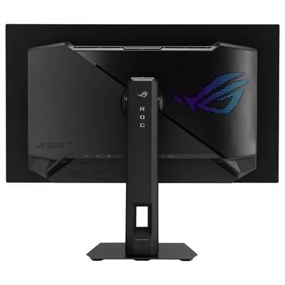 Ein schwarzer Computermonitor mit dem "ROG"-Logo in blauen und violetten Lichtern auf der Rückseite und einem Ständer mit der Bezeichnung "ROG".