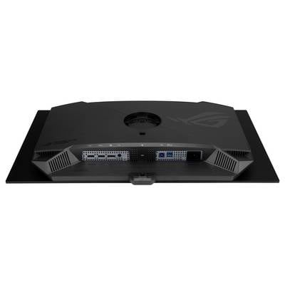 Ein Gaming-Monitor von hinten betrachtet, der Anschlüsse für HDMI, DisplayPort, USB und Stromversorgung zeigt. Das Design umfasst Kühlungsöffnungen und eine elegante, kantige Ästhetik.