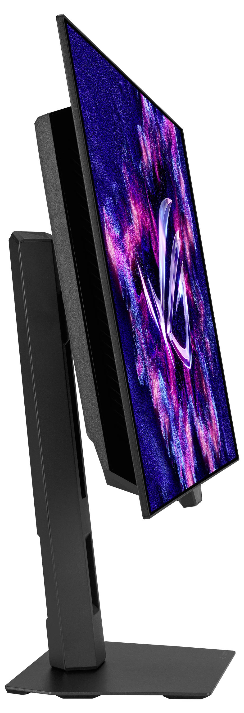 Seitenansicht eines eleganten, modernen Monitors, auf dessen Bildschirm ein farbenfrohe Logo angezeigt wird, montiert auf einem minimalistischen schwarzen Ständer.