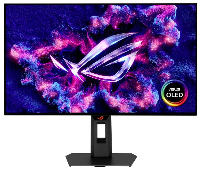Ein Monitor, der das Logo „ASUS TUF Gaming Series Five" in Gelb auf einem gestreiften grauen Hintergrund anzeigt und den Gaming-Fokus hervorhebt.