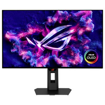 Ein Monitor, der das Logo „ASUS TUF Gaming Series Five" in Gelb auf einem gestreiften grauen Hintergrund anzeigt und den Gaming-Fokus hervorhebt.