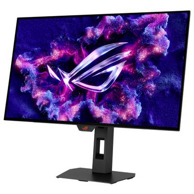 Ein eleganter Computermonitor, auf dem ein lebendiges ROG-Logo vor einem farbenfrohen, abstrakten Hintergrund angezeigt wird. Der Monitor verfügt über einen robusten, verstellbaren Ständer.