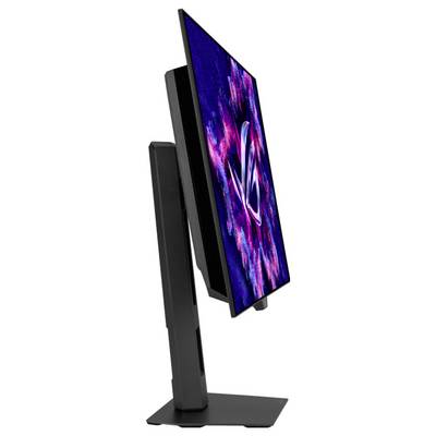Ein moderner, eleganter Gaming-Monitor mit dünnem Rahmen und verstellbarem Ständer, auf dessen Bildschirm eine lebendige, farbenfrohe Grafik angezeigt wird.