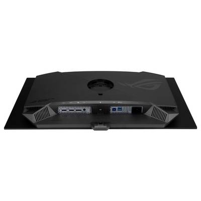 Rückansicht eines Monitors mit verschiedenen Anschlüssen, einschließlich HDMI, DisplayPort und USB, zusammen mit Kühlungsöffnungen und Logo auf der Rückseite.