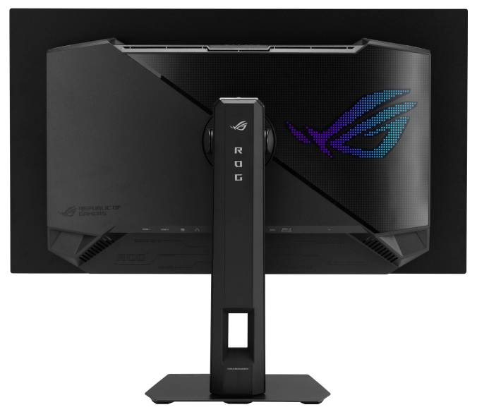 Ein schwarzer Computermonitor mit einer LED-Anzeige auf der Rückseite, die ein farbiges Logo zeigt. Der Ständer ist zentral positioniert.