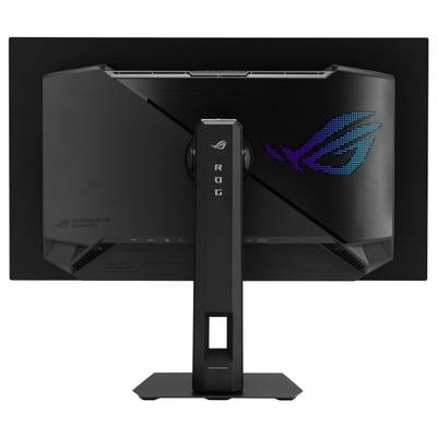 Ein schwarzer Computermonitor mit einer LED-Anzeige auf der Rückseite, die ein farbiges Logo zeigt. Der Ständer ist zentral positioniert.