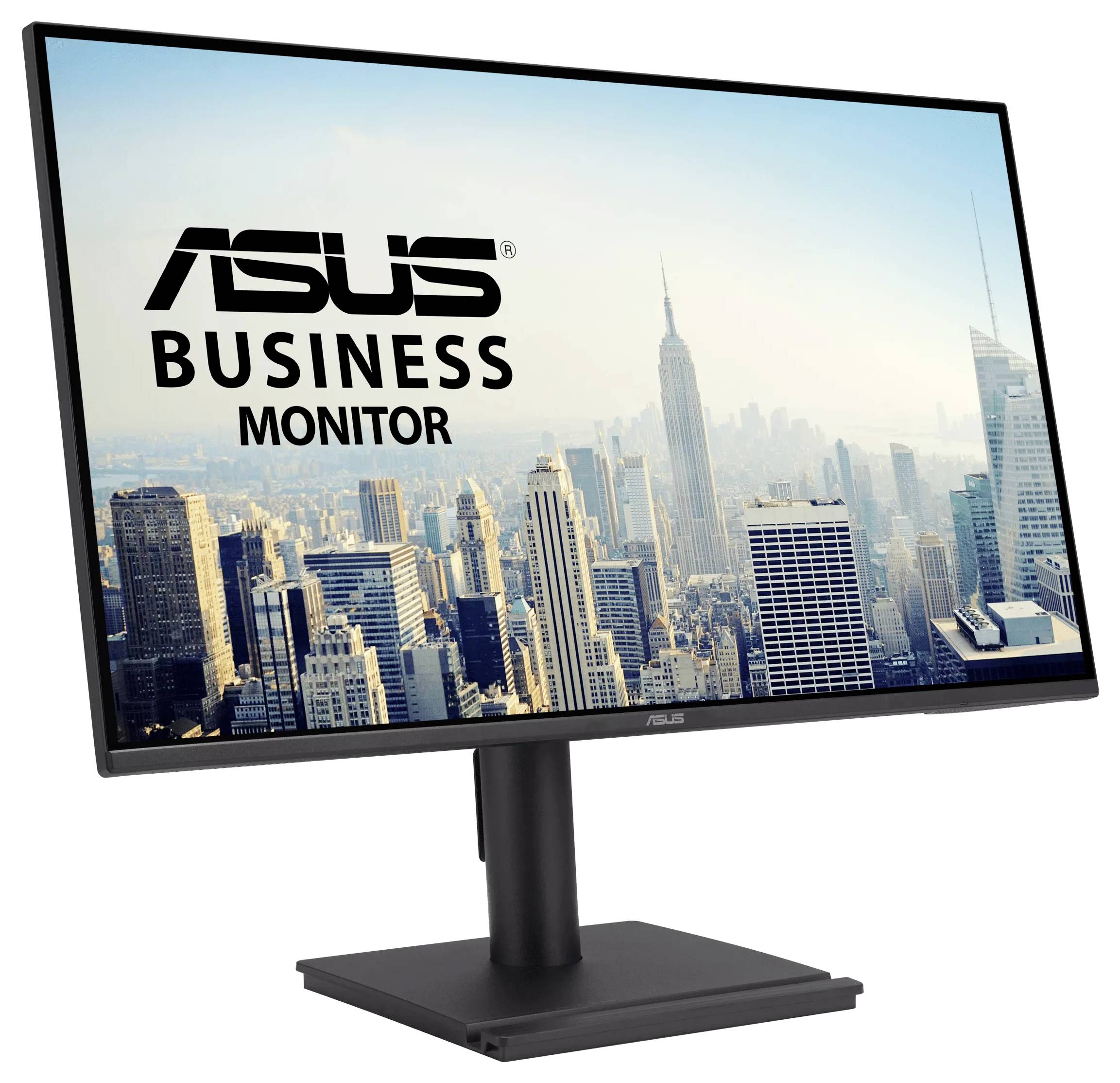Ein Computermonitor zeigt eine Stadtskyline an, über der der Text „ASUS BUSINESS MONITOR" eingeblendet ist und auf ein professionelles Anzeigeprodukt hinweist.