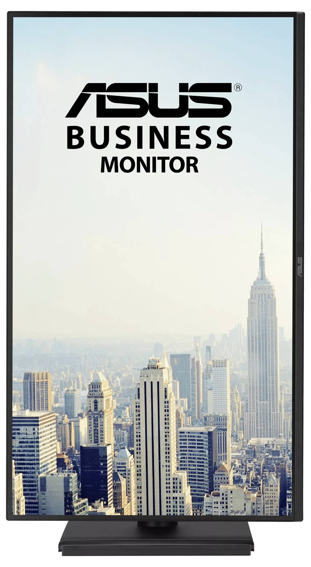 ASUS-Geschäftsmonitor in vertikaler Ausrichtung mit einer Stadtsilhouette im Hintergrund, die hochragende Gebäude unter einem klaren Himmel zeigt.