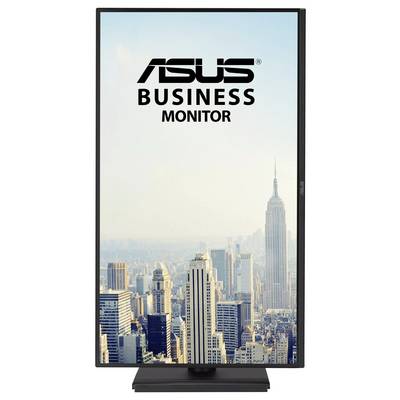 ASUS-Geschäftsmonitor in vertikaler Ausrichtung mit einer Stadtsilhouette im Hintergrund, die hochragende Gebäude unter einem klaren Himmel zeigt.