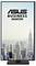 ASUS-Geschäftsmonitor in vertikaler Ausrichtung mit einer Stadtsilhouette im Hintergrund, die hochragende Gebäude unter einem klaren Himmel zeigt.
