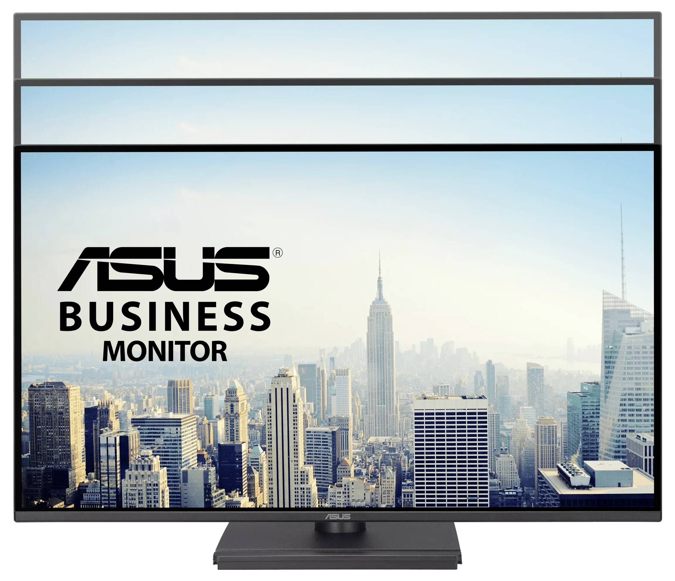 „ASUS Business Monitor" Logo auf dem Bildschirm zeigt eine Stadtlandschaft mit hohen Gebäuden unter einem klaren Himmel.