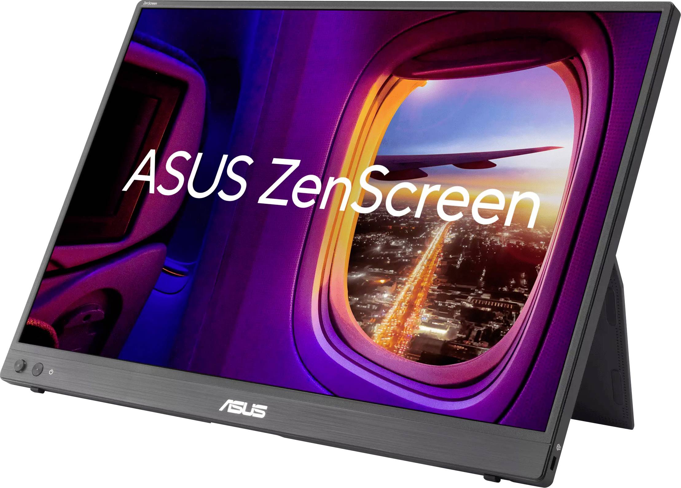Ein tragbarer Asus ZenScreen Monitor zeigt eine Flugzeugfensteransicht mit Lichtern der Stadt unten, wodurch eine Reisethema-Kulisse entsteht.