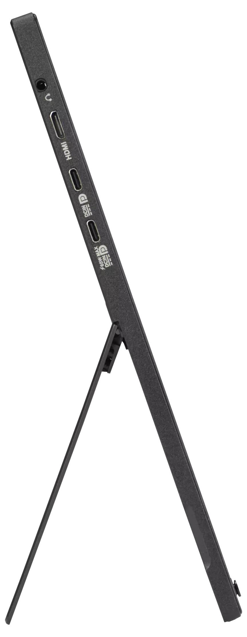 Eine Seitenansicht eines schlanken, schwarzen tragbaren Monitors auf einem Ständer, der Anschlüsse für USB, HDMI und Stromversorgung zeigt.