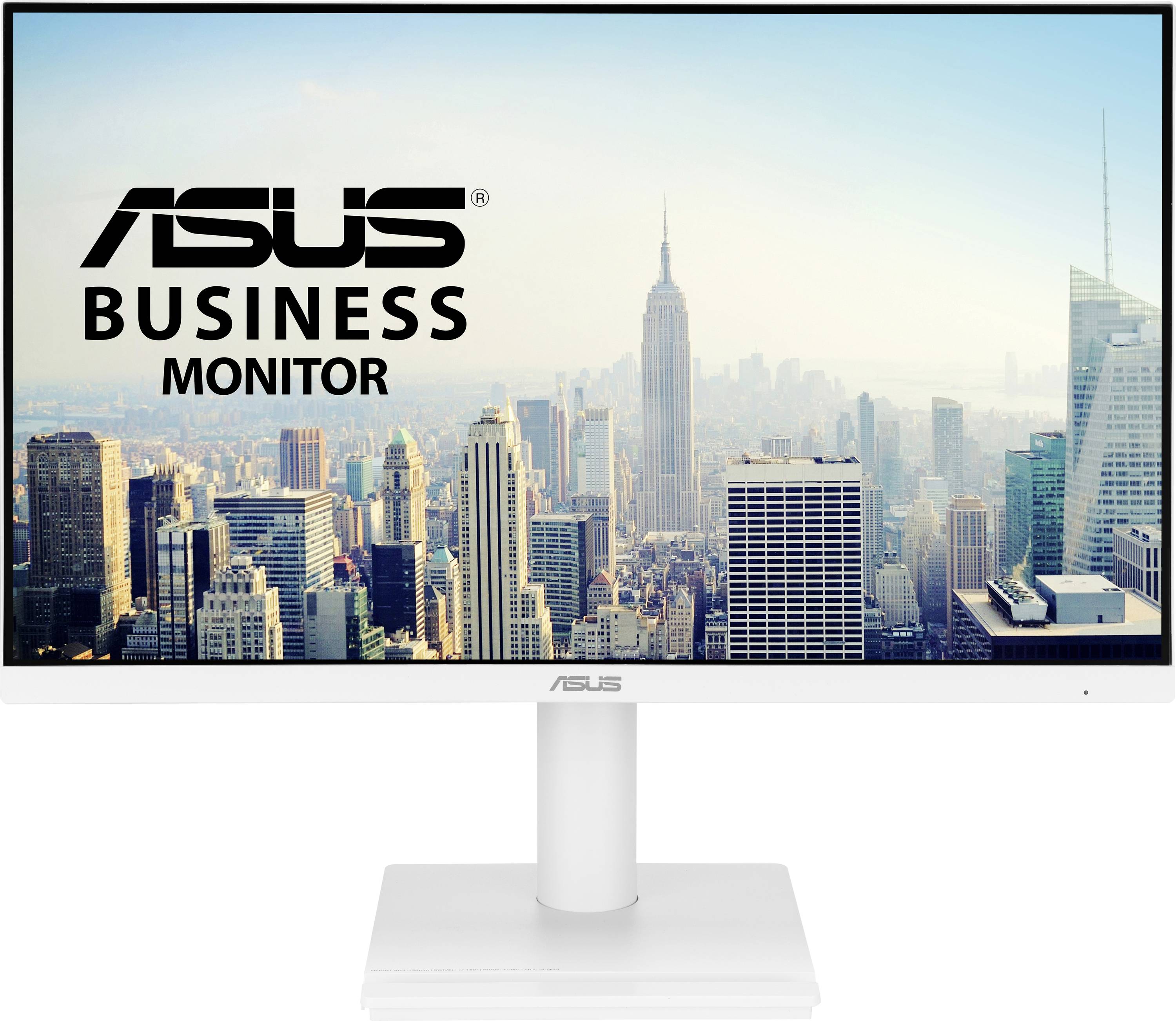 Eine Stadtskyline mit hohen Gebäuden unter einem klaren Himmel wird auf einem Asus-Monitorbildschirm angezeigt. Der Text lautet „Asus Business Monitor".