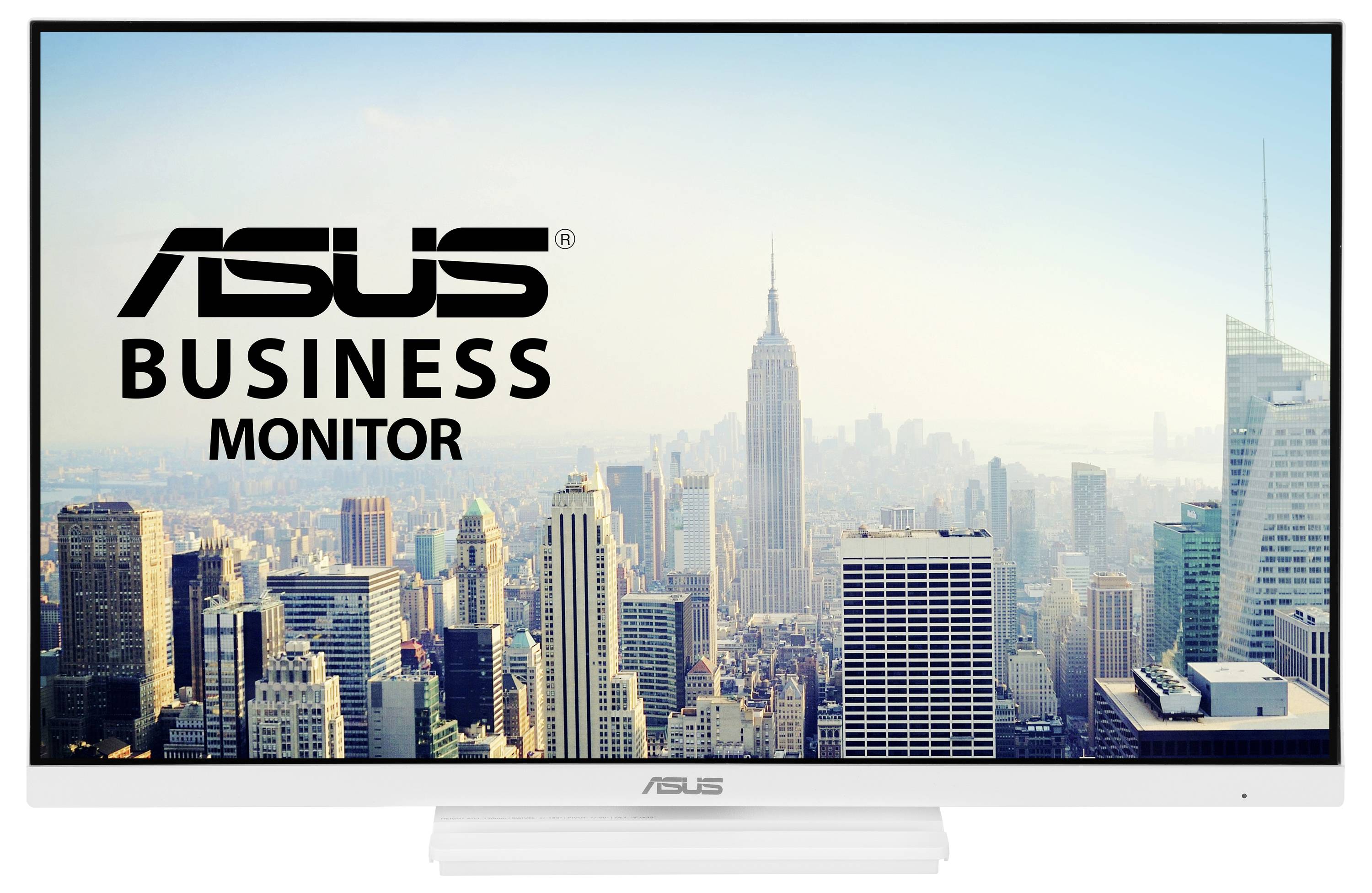 ASUS-Monitor zeigt eine Stadtsilhouette mit dem Text „ASUS Business Monitor" auf der linken Seite, mit dem Empire State Building.