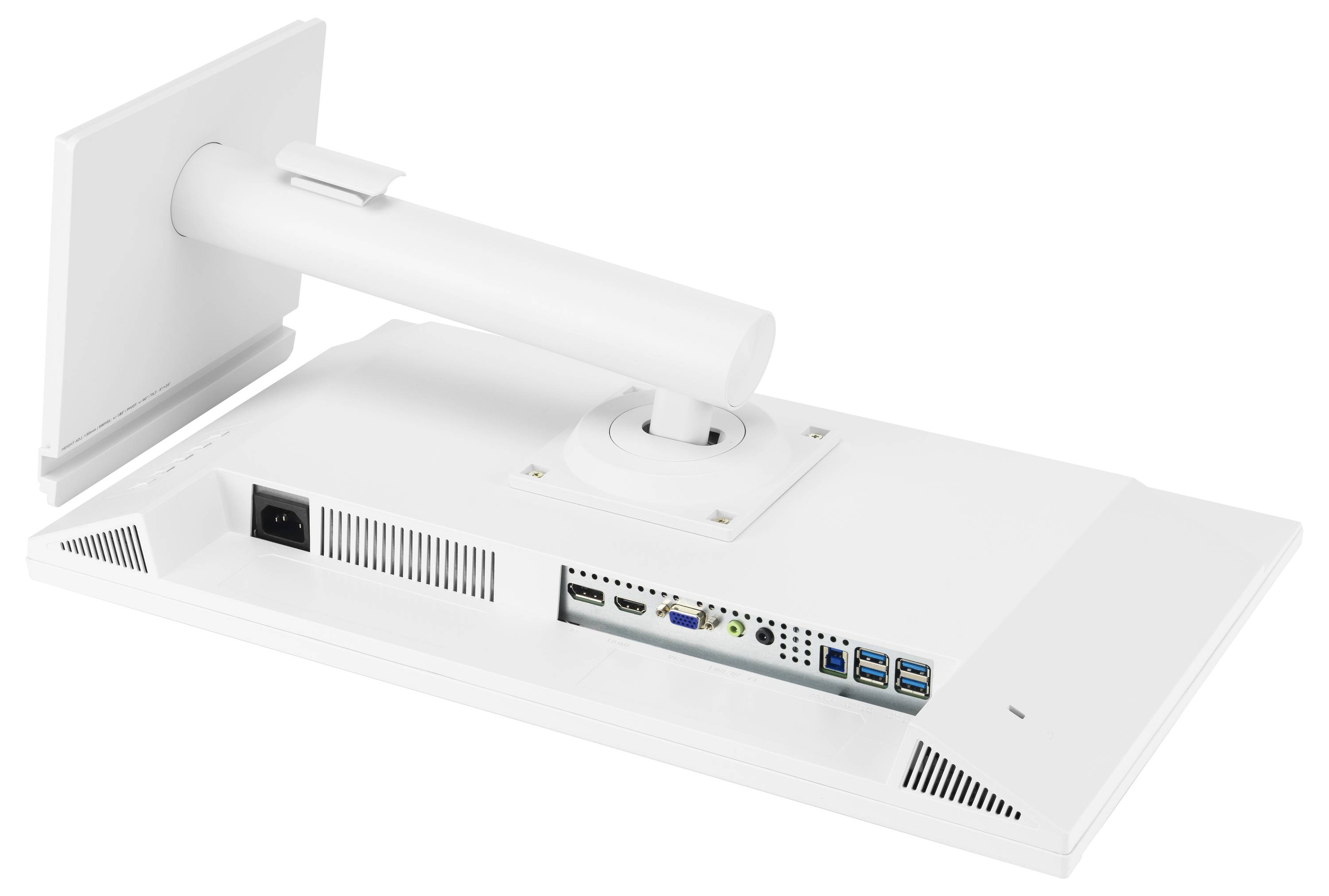 Rückansicht eines weißen Computermonitors mit verschiedenen Anschlüssen, darunter HDMI, USB und Stromversorgung, sowie mit einem verstellbaren Ständer.