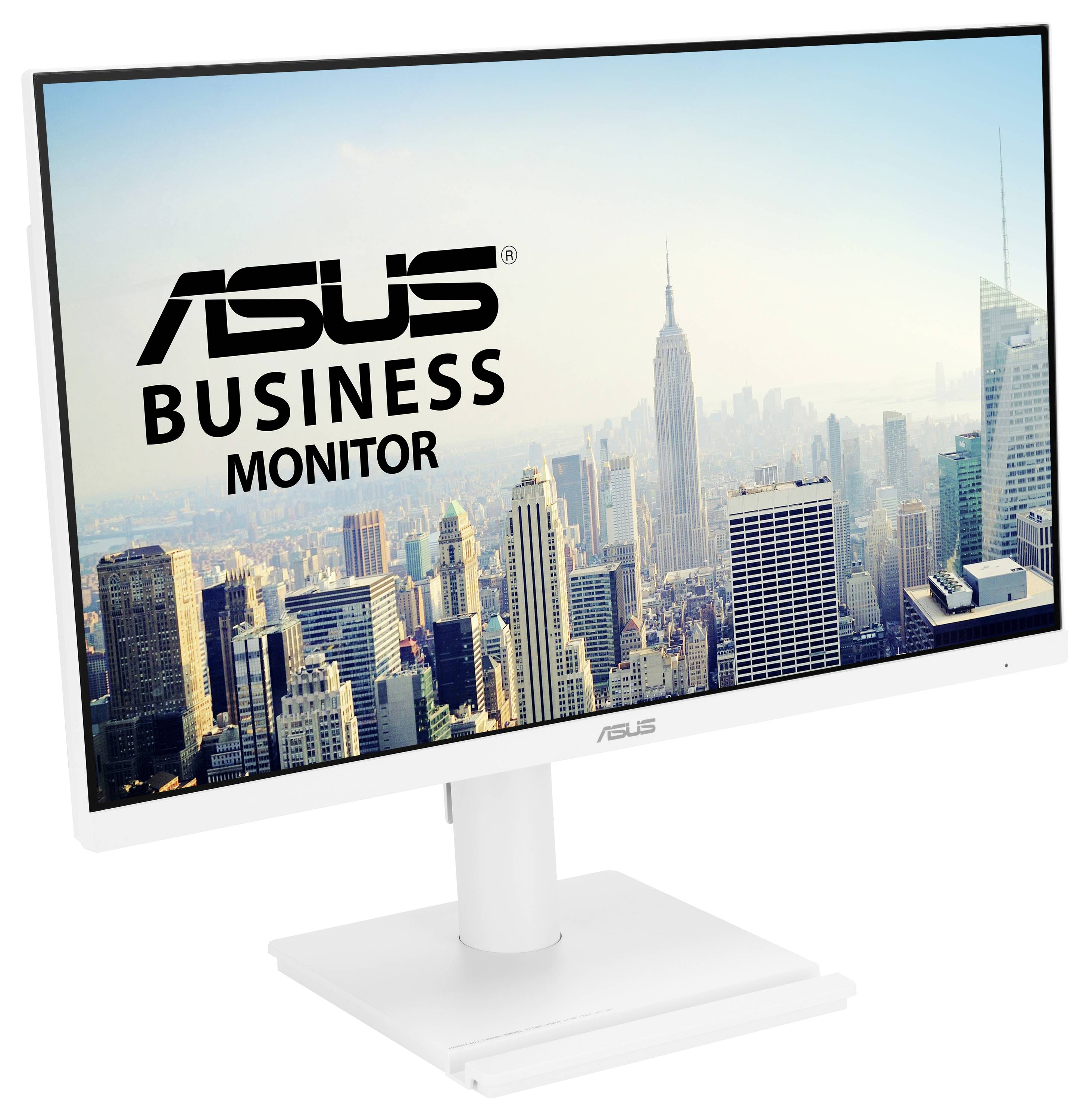Ein Computermonitor zeigt eine Stadtsilhouette an, mit dem Text „ASUS Business Monitor" auf dem Bildschirm, vor einem Büro-Hintergrund.