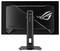 Ein weißer Gaming-Monitor mit rotem Bildschirm, auf dem ein stilisierter Charakter und ein Logo angezeigt werden. Der Bildschirm wird von der Seite auf seinem Ständer gezeigt.