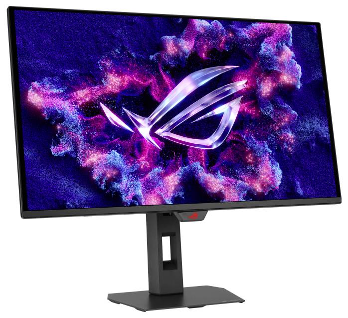Ein Computermonitor, auf dem ein lebendiges, abstraktes digitales Design mit einem stilisierten „ROG"-Logo in der Mitte vor einem dunklen Hintergrund angezeigt wird.