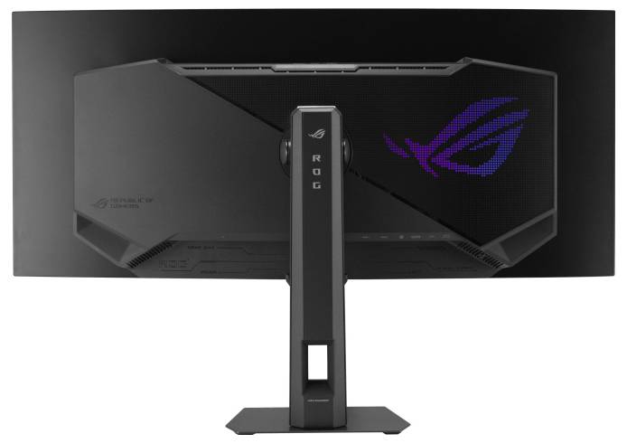 Rückansicht eines Breitbild-Monitors mit einem zentralen Ständer, der auf der rechten Seite das Logo der Republic of Gamers (ROG) in Lila aufweist.