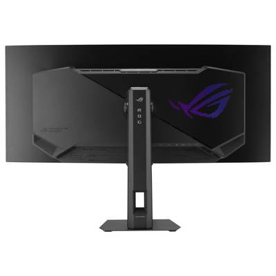 Rückansicht eines Breitbild-Monitors mit einem zentralen Ständer, der auf der rechten Seite das Logo der Republic of Gamers (ROG) in Lila aufweist.