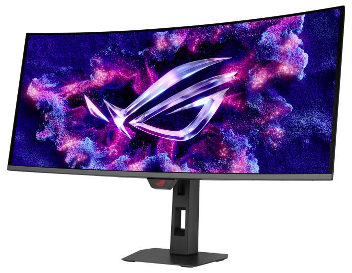 ASUS ROG Swift Monitor zeigt abstrakte farbenfrohe Grafiken mit einem großen Logo in der Mitte. Ultra-breiter, gekrümmter Bildschirm auf einem Ständer.