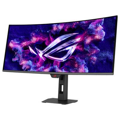 ASUS ROG Swift Monitor zeigt abstrakte farbenfrohe Grafiken mit einem großen Logo in der Mitte. Ultra-breiter, gekrümmter Bildschirm auf einem Ständer.