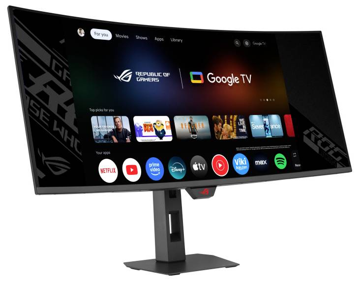 Ein gekrümmter Gaming-Monitor mit einer Startseite, auf der Apps wie Netflix, Prime Video und YouTube angezeigt werden; zeigt die Integration mit Google TV.