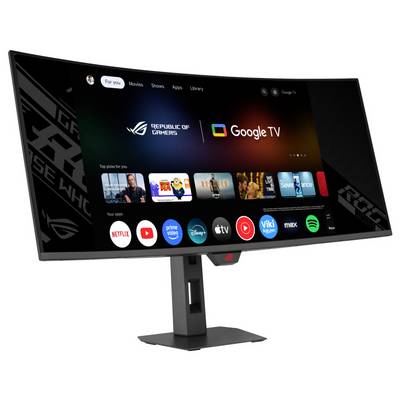 Ein gekrümmter Gaming-Monitor mit einer Startseite, auf der Apps wie Netflix, Prime Video und YouTube angezeigt werden; zeigt die Integration mit Google TV.