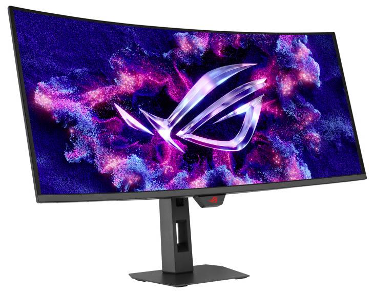 Gekrümmter Gaming-Monitor mit lebhaften blauen und rosa Grafiken auf dem Bildschirm und einem leuchtenden Logo in der Mitte.