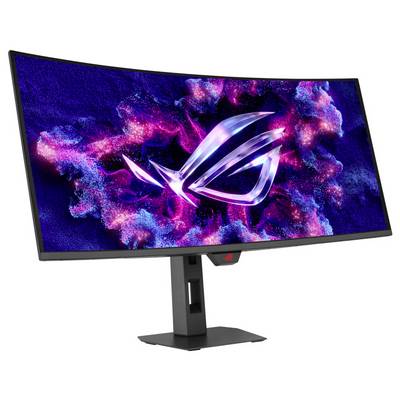 Gekrümmter Gaming-Monitor mit lebhaften blauen und rosa Grafiken auf dem Bildschirm und einem leuchtenden Logo in der Mitte.