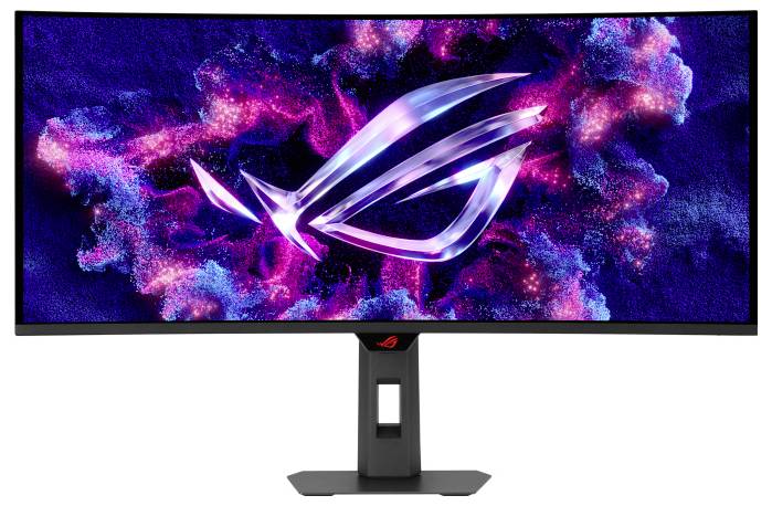 Ein großformatiger Gaming-Monitor, auf dem das ROG-Logo mit einem farbenfrohen, abstrakten kosmischen Hintergrund angezeigt wird.