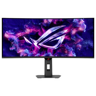 Ein großformatiger Gaming-Monitor, auf dem das ROG-Logo mit einem farbenfrohen, abstrakten kosmischen Hintergrund angezeigt wird.