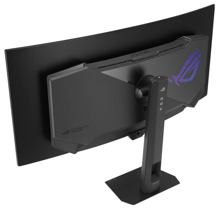 Eine Rückansicht eines gebogenen Gaming-Monitors auf einem Ständer, mit einem Logo mit RGB-Beleuchtung. Der Monitor hat ein elegantes, modernes Design.