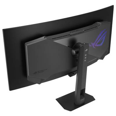 Eine Rückansicht eines gebogenen Gaming-Monitors auf einem Ständer, mit einem Logo mit RGB-Beleuchtung. Der Monitor hat ein elegantes, modernes Design.