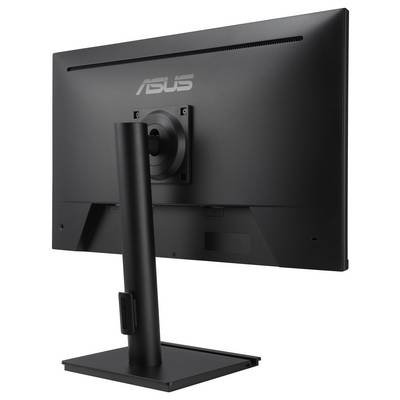 Ein Gaming-Monitor mit einem lebendigen, wirbelnden rosa und blauen Nebula-Bild auf dem Bildschirm und einem stilisierten Logo in der Mitte.
