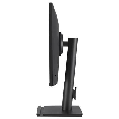 Eine schlanke, angewinkelte Ansicht eines schwarzen Monitors, auf dem eine futuristische rot-weiße Grafik mit einem teilweise sichtbaren Roboter angezeigt wird.