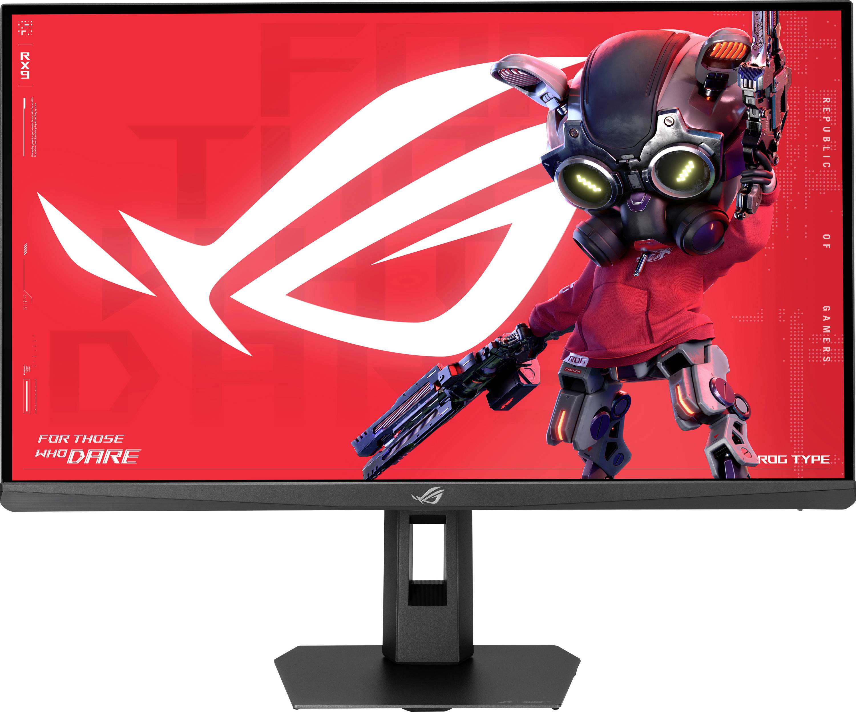 Ein Computermonitor, der einen roten Bildschirm mit einer futuristischen Figur in Rüstung anzeigt, die eine Waffe hält, neben dem Text „Für jene, die es wagen".
