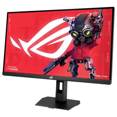 Ein Gaming-Monitor, der eine Roboterfigur auf rotem Hintergrund anzeigt, mit dem „ROG"-Logo. Der Bildschirm ist leicht nach links geneigt.