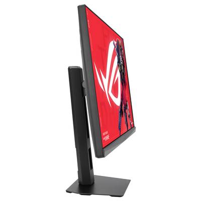 Eine schlanke, seitliche Ansicht eines modernen Computermonitors auf einem eleganten Ständer, die sein dünnes Profil und minimalistisches Design zeigt.