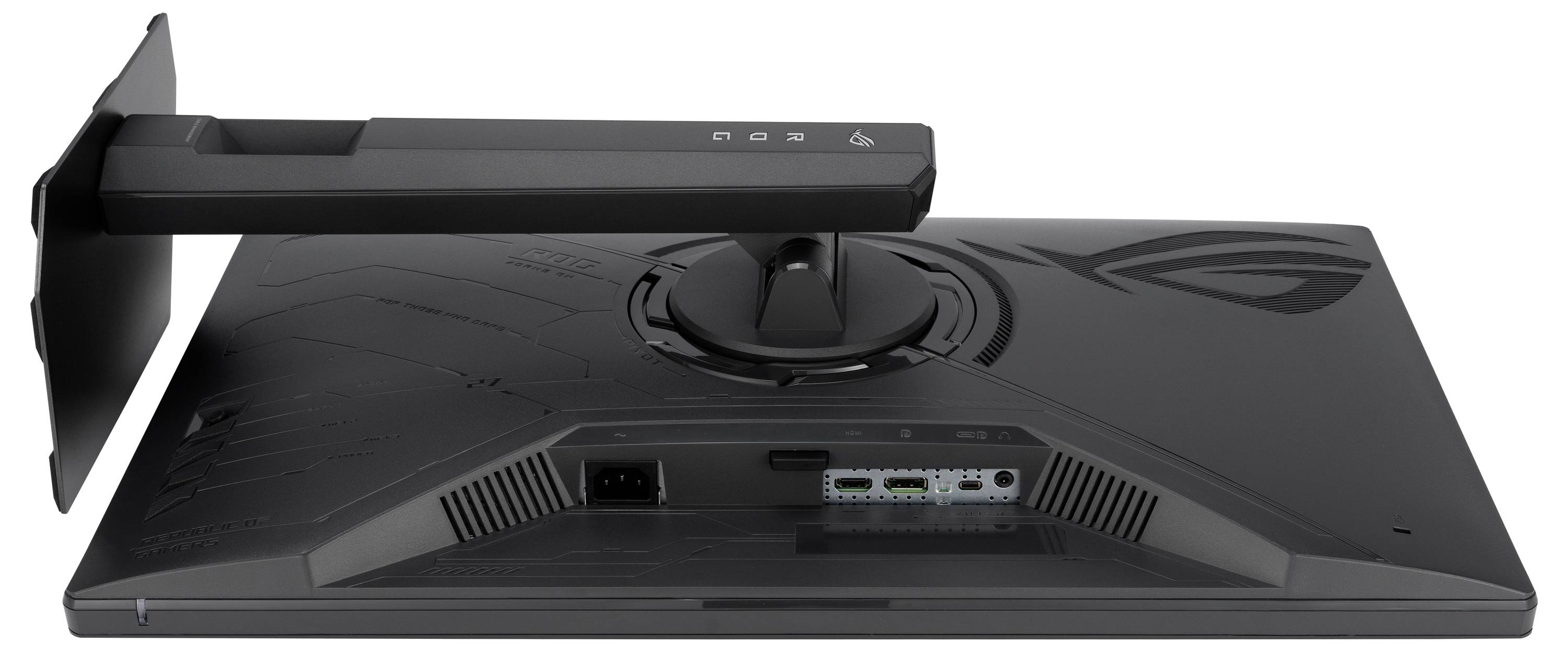 Gaming-Monitor mit „TUF Gaming"-Anzeige und hellem Emblem sowie „ASUS"-Branding, mit eleganter schwarzer Basis und eckigem Design.
