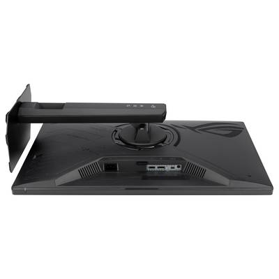 Gaming-Monitor mit „TUF Gaming"-Anzeige und hellem Emblem sowie „ASUS"-Branding, mit eleganter schwarzer Basis und eckigem Design.