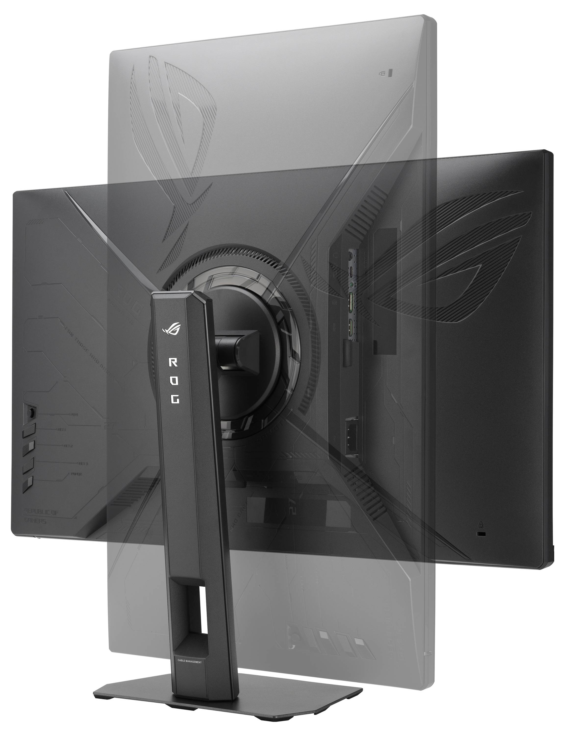 Ein schlanker schwarzer Gaming-Monitor von hinten fotografiert, der einen charakteristischen Ständer mit "ROG"-Branding und eckigem Design zeigt.