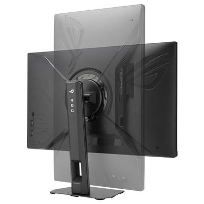 Ein schlanker schwarzer Gaming-Monitor von hinten fotografiert, der einen charakteristischen Ständer mit "ROG"-Branding und eckigem Design zeigt.