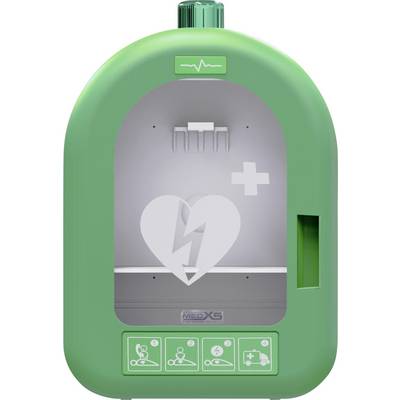 Grüne medizinische Batterieladestation mit einem Herz- und Blitzsymbol auf der Vorderseite, plus Symbole zum Laden von Geräten und Notfallstromversorgung.