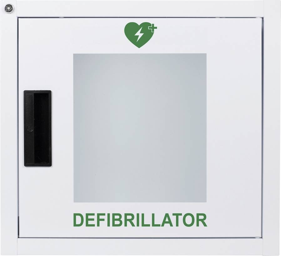 'Defibrillatorschrank mit Glaspanel, grünem Herz und Blitzsymbol. Das Wort Defibrillator ist unter dem Panel geschrieben.'