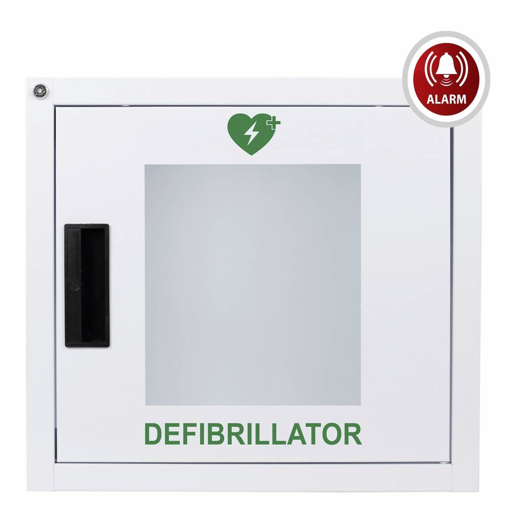 Schrank mit „Defibrillator" und kleinem Alarmsignal und Herzsymbol oben.