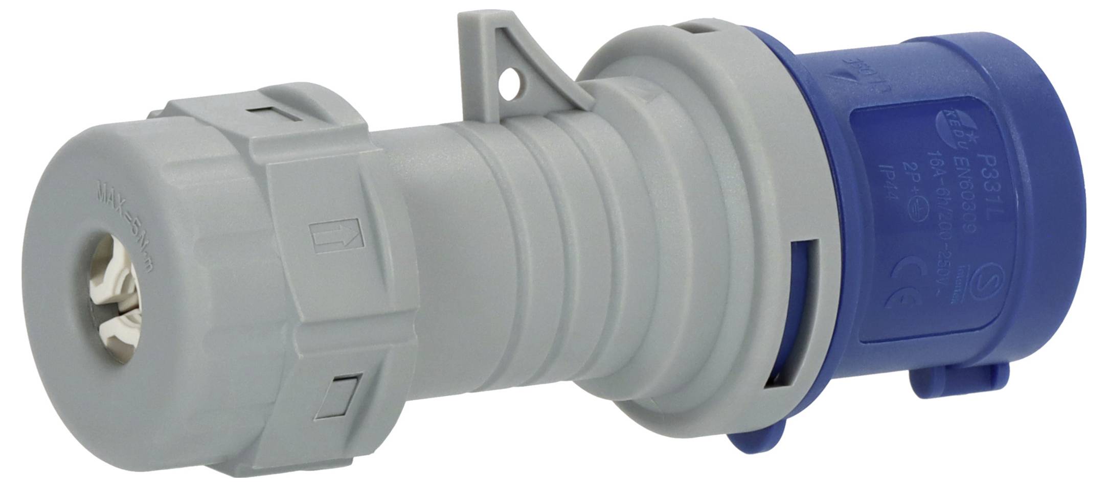 Industrieller Elektrostecker mit grauem Gehäuse und blauem Verriegelungsende, isoliert auf weißem Hintergrund dargestellt.