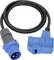 Blaues und graues Industrie-Stromkabel mit zwei Steckverbindern, einem runden dreipoligen Stecker und einer rechteckigen Buchse, gezeigt auf weißem Hintergrund.