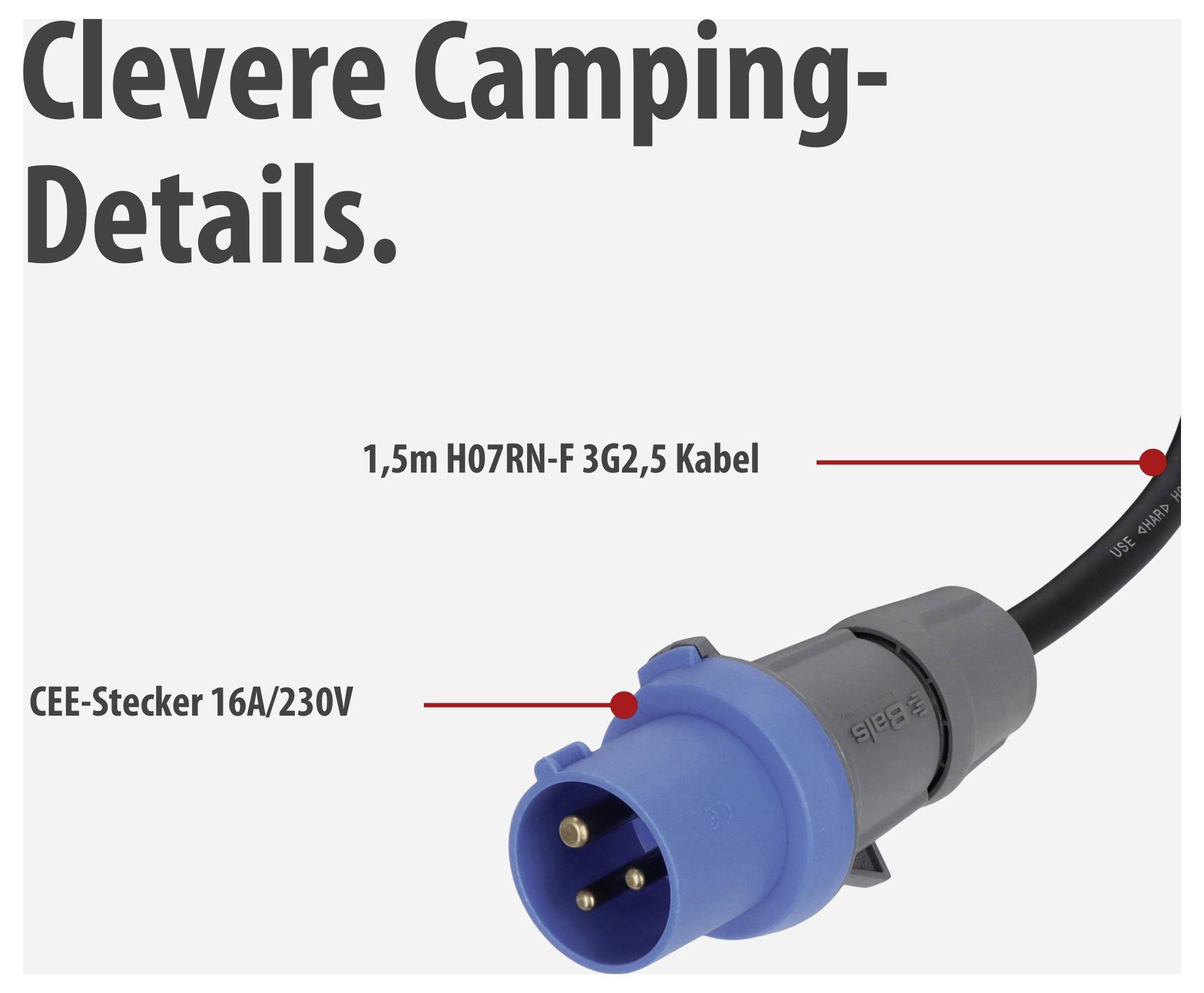 Werbegrafik mit CEE-Stecker 16A/230V und 1,5 m H07RN-F 3G2,5 Kabel; Überschrift 'Clevere Camping-Details.'<br>